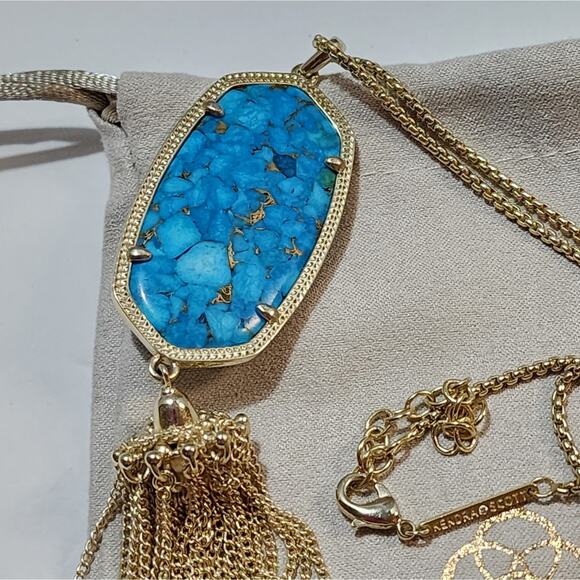 Kendra Scott Bronze Veined Turquoise Gold Tassel Rayne Pendant Necklace - Picture 5 of 6